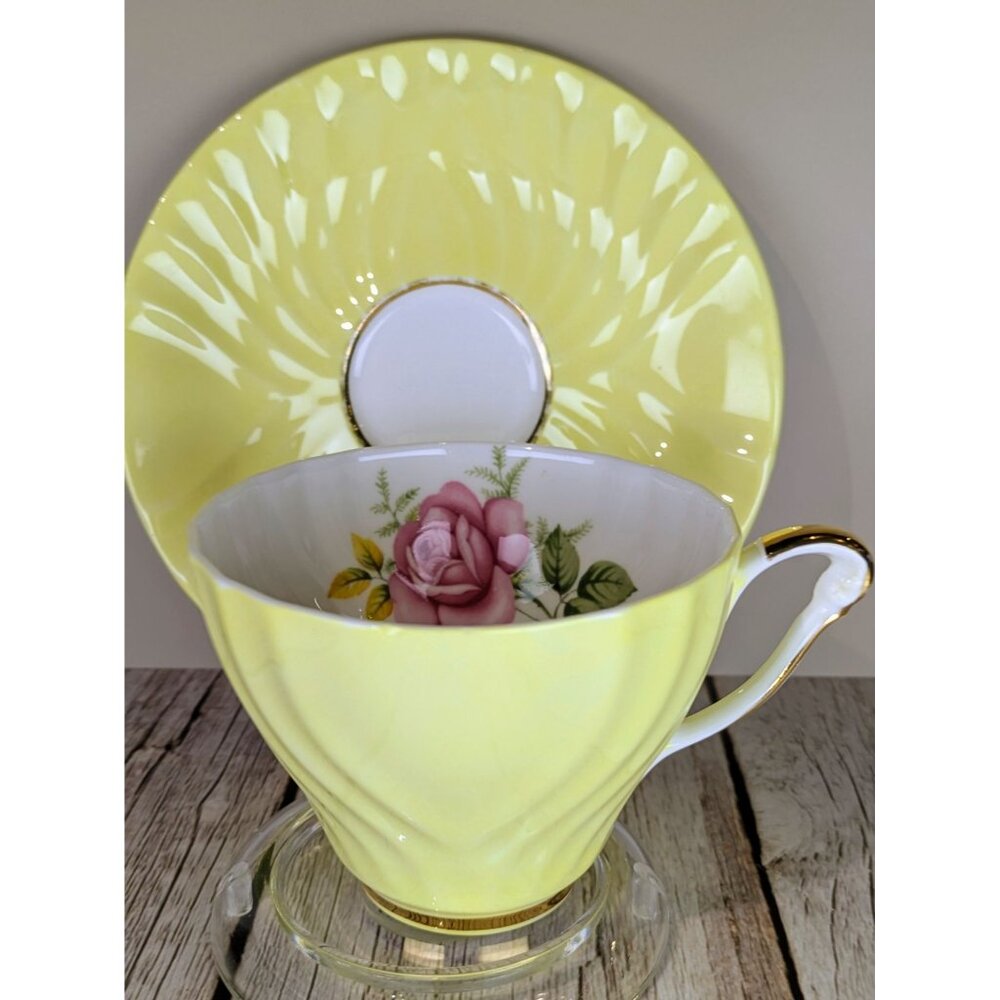 VTG Yellow Fine Bone China Teacup and Saucer Set With Pink Rose Made in England
